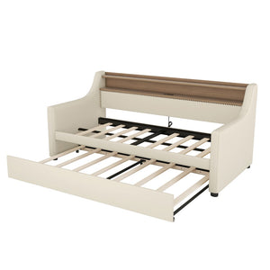 English Elm Twin Size Daybed With Trundle, Stylish Upholstered Design, Charging Station & Led Lights In Beige W1580S00043-GIGA