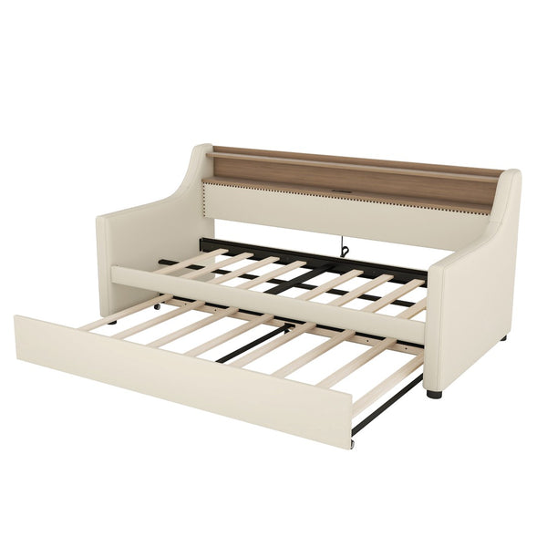 English Elm Twin Size Daybed With Trundle, Stylish Upholstered Design, Charging Station & Led Lights In Beige W1580S00043-GIGA
