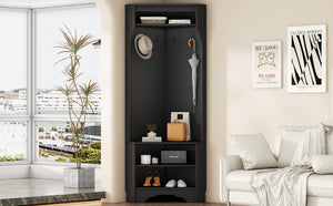 English Elm Minimalist White Corner Hall Tree with Bench Shoe Storage and Four Entryway Hooks N721P401788B