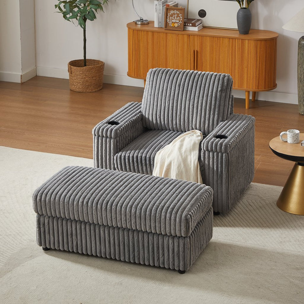 English Elm 42.5-inch corduroy single recliner with cup holder, storage ottoman, plush back pillow for lounging Grey W834P375123