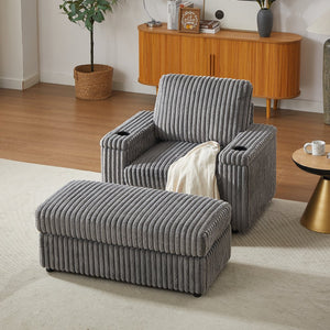 English Elm 42.5-inch corduroy single recliner with cup holder, storage ottoman, plush back pillow for lounging Grey W834P375123