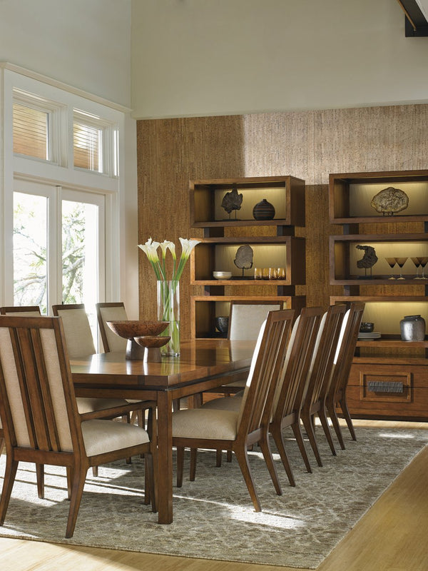 Lexington Tommy Bahama Home Natori Contemporary Art Deco Dining Arm Chair With Exposed Wood Slats In Elegant Cresting Waves Fabric Sebana  556-881-01