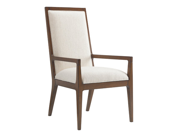 Lexington Tommy Bahama Home Natori Contemporary Art Deco Dining Arm Chair With Exposed Wood Slats In Elegant Cresting Waves Fabric Sebana  556-881-02