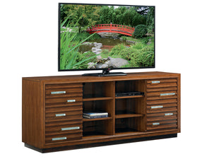 Lexington Tommy Bahama Home Princeville Media Console - Elegant Pan-asian Design With Decorative Glass, Adjustable Shelves & Ventilation Sebana  556-907