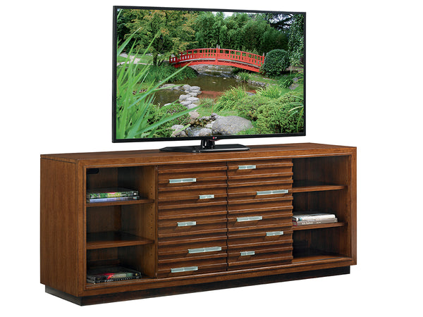 Lexington Tommy Bahama Home Princeville Media Console - Elegant Pan-asian Design With Decorative Glass, Adjustable Shelves & Ventilation Sebana  556-907
