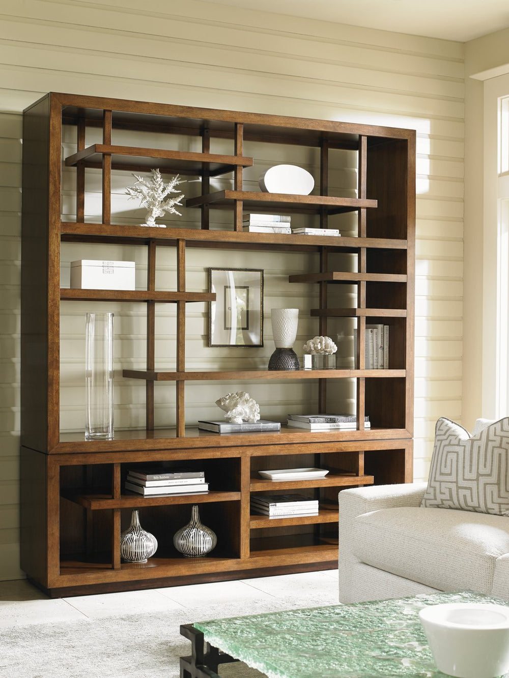 Lexington Tommy Bahama Home Taipei Media Bookcase - Elegant Pan-asian Design With Asymmetrical Shelving And Tv Compartment Space Sebana  556-909c