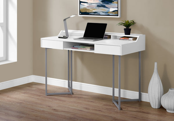 English Elm Computer Desk with 2 Push-Drawers, Open Shelves & Black Metal Legs — Compact Modern Workstation White 53 L x 23 W x 6 H B2710P219715