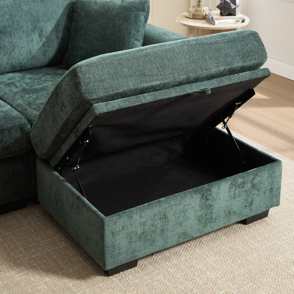 English Elm Modern Chenille L-shaped Sectional with Usb Charging Ottoman Storage Living Room Couch Green W2120S00017