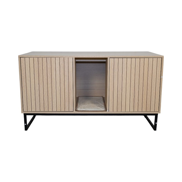 English Elm Modern Wooden Cat House with Built-In Scratching Mat, Sturdy Metal Frame, Sleek Space-Saving Design Light Brown W1412P271586