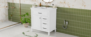 English Elm 30 Inch Freestanding Bathroom Vanity Solid Pine Cabinet Ceramic Sink Top Storage White N725P412782K