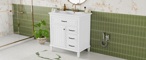 English Elm 30 Inch Freestanding Bathroom Vanity Solid Pine Cabinet Ceramic Sink Top Storage White N725P412782K