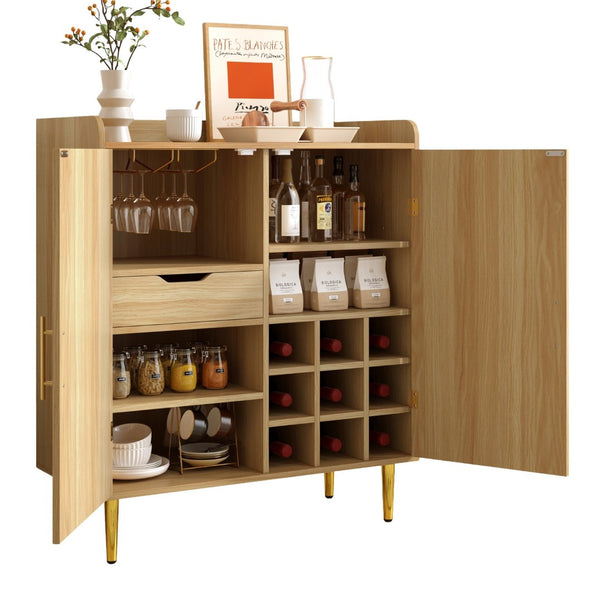 English Elm Modern Fluted Bar Cabinet with Wine Rack Glass Holders Adjustable Shelving and Hidden Drawer Natural N728P438606N