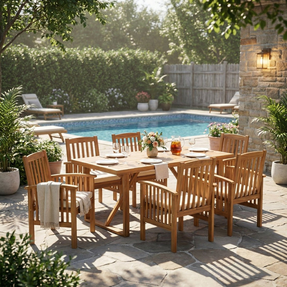 English Elm 7 Piece Solid Acacia Wood Outdoor Dining Set Six Chairs Slatted Table Patio Ready Brown,Teak N762S000037AAA