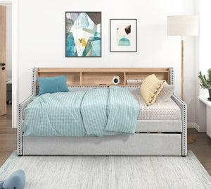 English Elm 1pc Light Gray Daybed with Pull-Out Trundle, Built-In Bookcase & Charging Ports, Nailhead Trim Modern Design B011S01718