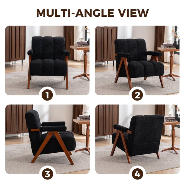 English Elm Mid-century Modern Chenille Lounge Chair Set Oak Frame Cloud Silhouette Living Room Black W1170S00051