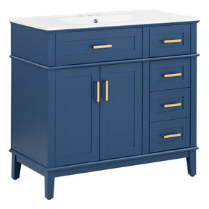 English Elm 36" Navy Bathroom Vanity Solid Wood Frame Ceramic Sink Gold Hardware Soft Close Blue N729P380151C