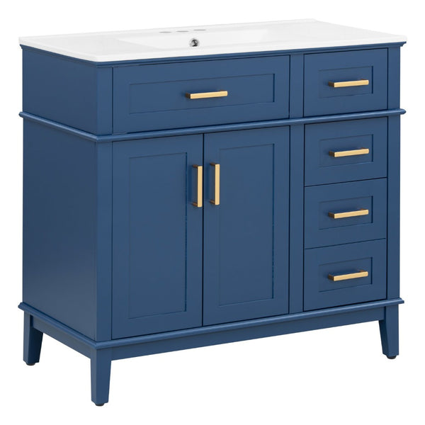 English Elm 36" Navy Bathroom Vanity Solid Wood Frame Ceramic Sink Gold Hardware Soft Close Blue N729P380151C