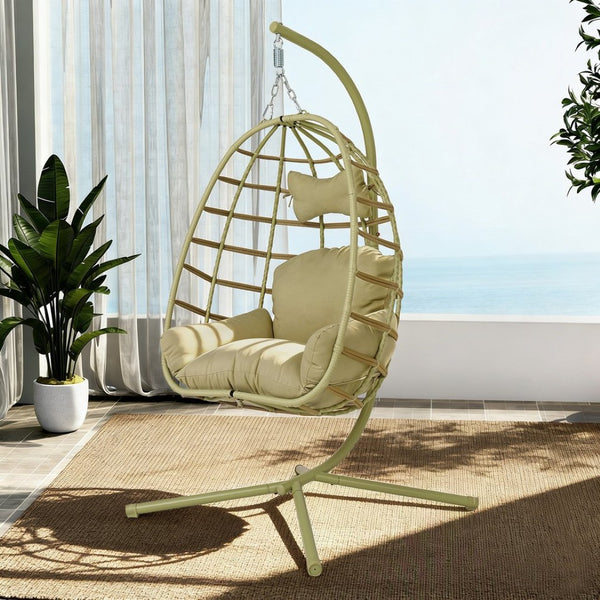 English Elm Egg Hanging Chair with Stand Pe Rattan Swing Seat Washable Cushion Patio Bedroom T5880P497435