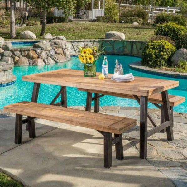 English Elm Bettina Solid Acacia Outdoor Dining Table with Slat Top Oil Finish Patio Deck 56701.00-56702.00