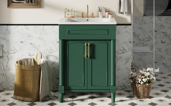 English Elm 24" Bathroom Vanity with Integrated Ceramic Sink and Adjustable Shelf, Vintage Hardware, Space-Saving Design Green N710P277711F
