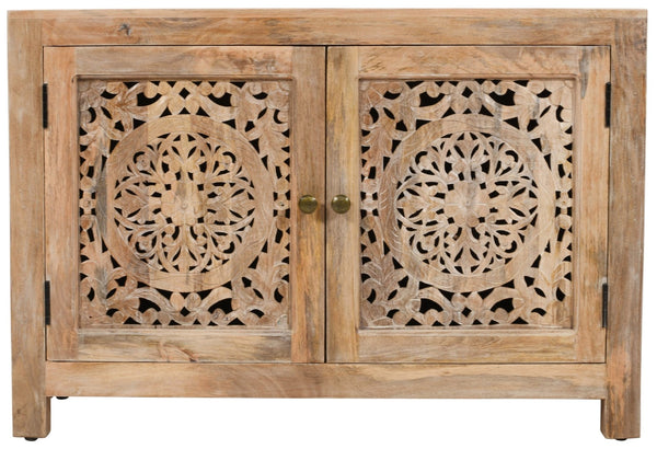 HomeRoots 30" Natural Solid Wood Accent Cabinet with Hand-Carved Floral Doors for Elegant Storage Solutions 557028