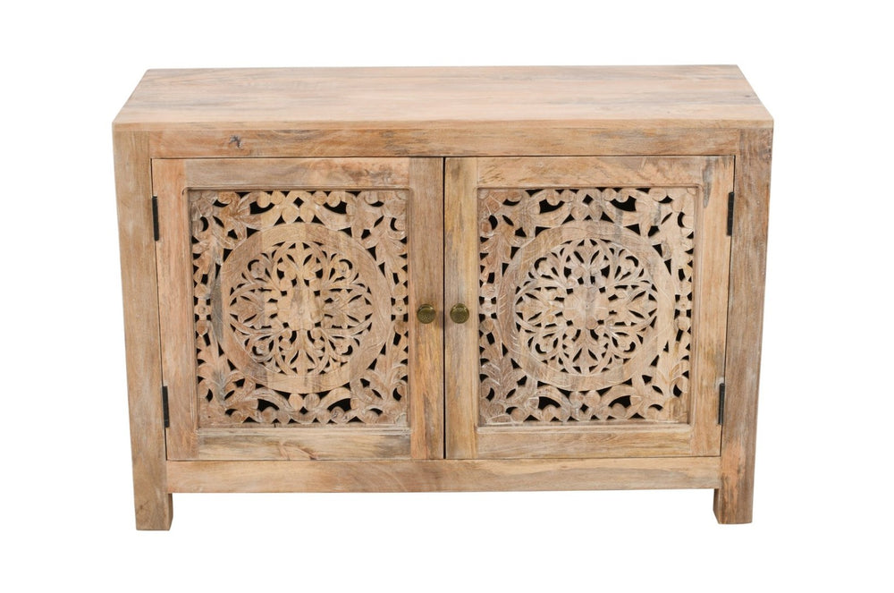 HomeRoots 30" Natural Solid Wood Accent Cabinet with Hand-Carved Floral Doors for Elegant Storage Solutions 557028