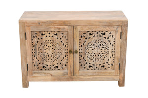 HomeRoots 30" Natural Solid Wood Accent Cabinet with Hand-Carved Floral Doors for Elegant Storage Solutions 557028