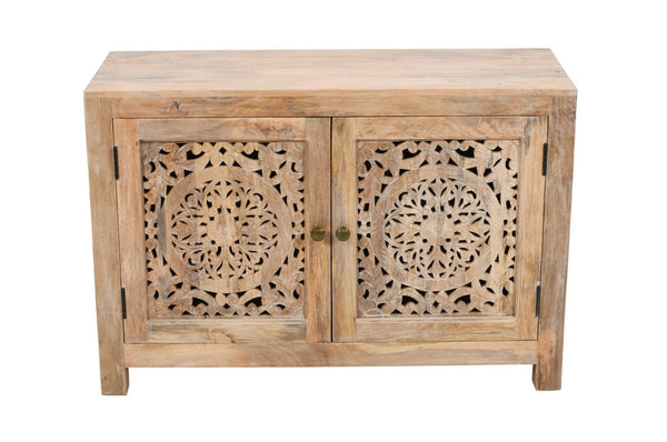 HomeRoots 30" Natural Solid Wood Accent Cabinet with Hand-Carved Floral Doors for Elegant Storage Solutions 557028
