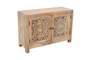 HomeRoots 30" Natural Solid Wood Accent Cabinet with Hand-Carved Floral Doors for Elegant Storage Solutions 557028