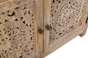 HomeRoots 30" Natural Solid Wood Accent Cabinet with Hand-Carved Floral Doors for Elegant Storage Solutions 557028