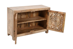 HomeRoots 30" Natural Solid Wood Accent Cabinet with Hand-Carved Floral Doors for Elegant Storage Solutions 557028