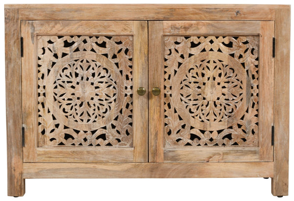 HomeRoots 30" Natural Solid Wood Accent Cabinet with Hand-Carved Floral Doors for Elegant Storage Solutions 557028