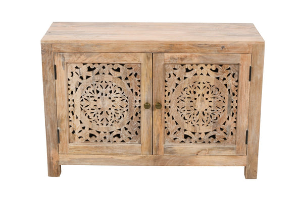 HomeRoots 30" Natural Solid Wood Accent Cabinet with Hand-Carved Floral Doors for Elegant Storage Solutions 557028