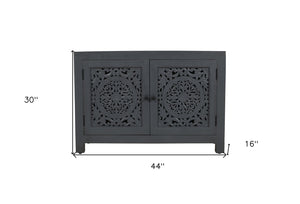 HomeRoots 30" Gray Distressed Solid Wood Accent Cabinet - Hand-Carved Doors, Vintage Charm & Ample Storage 557029