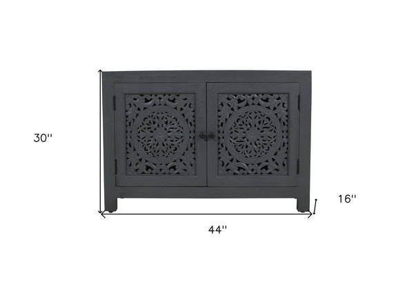 HomeRoots 30" Gray Distressed Solid Wood Accent Cabinet - Hand-Carved Doors, Vintage Charm & Ample Storage 557029