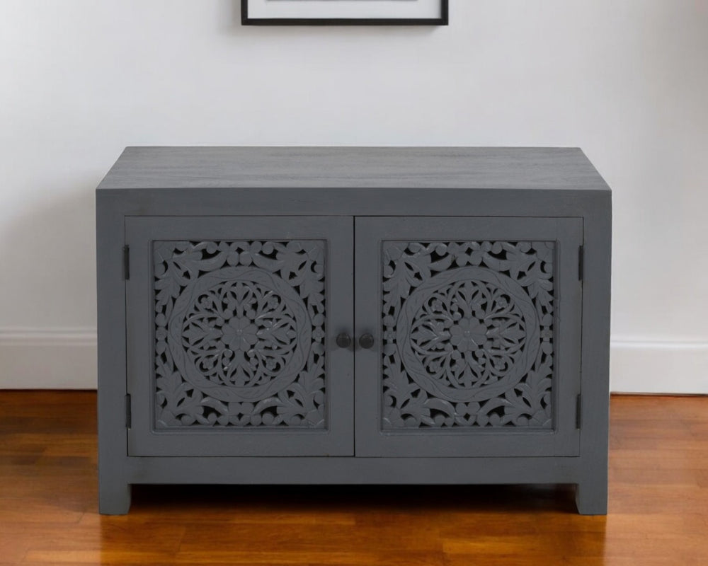 HomeRoots 30" Gray Distressed Solid Wood Accent Cabinet - Hand-Carved Doors, Vintage Charm & Ample Storage 557029