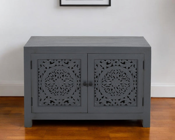 HomeRoots 30" Gray Distressed Solid Wood Accent Cabinet - Hand-Carved Doors, Vintage Charm & Ample Storage 557029