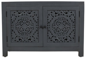 HomeRoots 30" Gray Distressed Solid Wood Accent Cabinet - Hand-Carved Doors, Vintage Charm & Ample Storage 557029