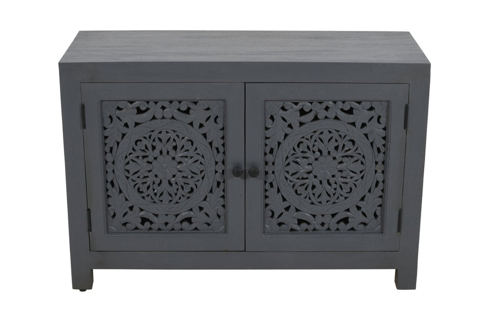 HomeRoots 30" Gray Distressed Solid Wood Accent Cabinet - Hand-Carved Doors, Vintage Charm & Ample Storage 557029