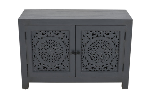 HomeRoots 30" Gray Distressed Solid Wood Accent Cabinet - Hand-Carved Doors, Vintage Charm & Ample Storage 557029