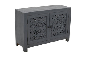 HomeRoots 30" Gray Distressed Solid Wood Accent Cabinet - Hand-Carved Doors, Vintage Charm & Ample Storage 557029