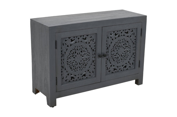 HomeRoots 30" Gray Distressed Solid Wood Accent Cabinet - Hand-Carved Doors, Vintage Charm & Ample Storage 557029