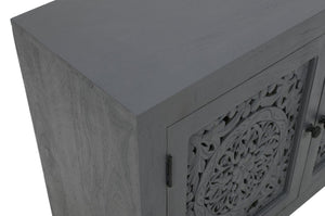 HomeRoots 30" Gray Distressed Solid Wood Accent Cabinet - Hand-Carved Doors, Vintage Charm & Ample Storage 557029