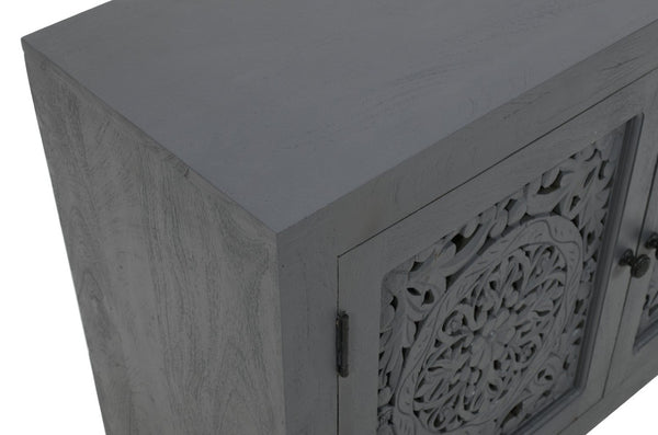 HomeRoots 30" Gray Distressed Solid Wood Accent Cabinet - Hand-Carved Doors, Vintage Charm & Ample Storage 557029