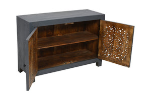 HomeRoots 30" Gray Distressed Solid Wood Accent Cabinet - Hand-Carved Doors, Vintage Charm & Ample Storage 557029