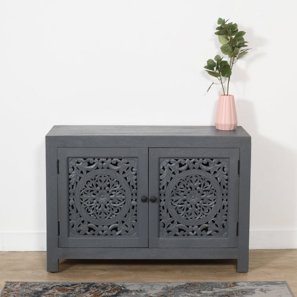 HomeRoots 30" Gray Distressed Solid Wood Accent Cabinet - Hand-Carved Doors, Vintage Charm & Ample Storage 557029