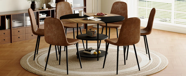 English Elm Table and Chair Set Round Geometric Mdf Dining with Storage Shelf and 6 Fabric Seats W1151S04077