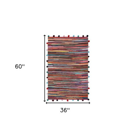 Homeroots 3' X 5' Hand Woven Red And Black Striped Area Rug With Fringe – Unique Artisan Craftsmanship!  Cotton Blend 557074