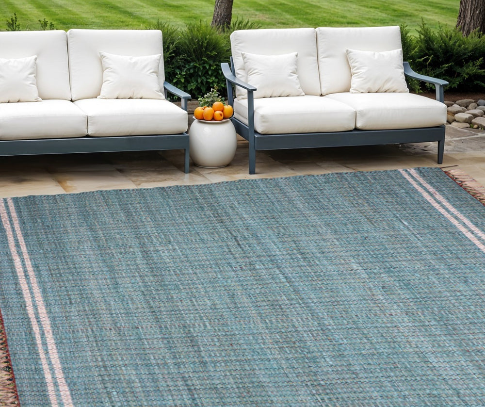 HomeRoots 8' X 10' Teal Striped Hand-Woven Area Rug with Fringe - Artisan Crafted, Durable & Chic Home Accent 557083