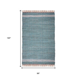 Homeroots 8' X 10' Teal Striped Hand Woven Area Rug With Stylish Fringe - Artisan Crafted For Unique Elegance  Cotton Blend 557083